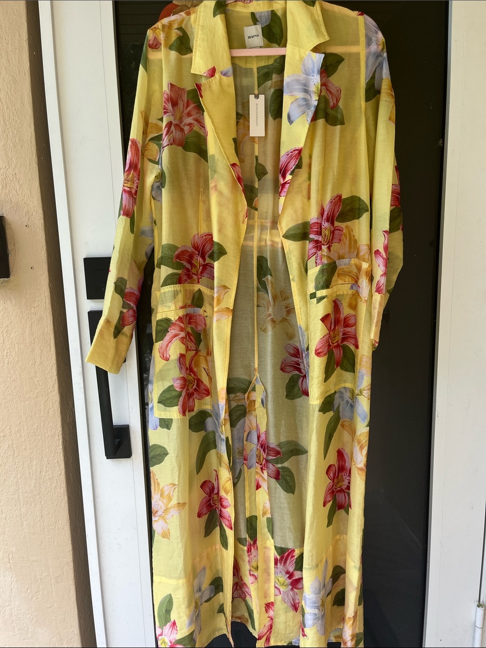 NWT. Anthropologie Maeve Yellow Floral Maxi Dress with Pink & Blue Blooms